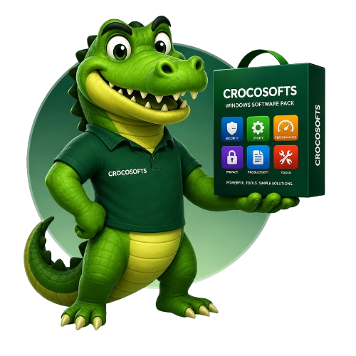 CrocoSofts mascot — a friendly crocodile holding a software box